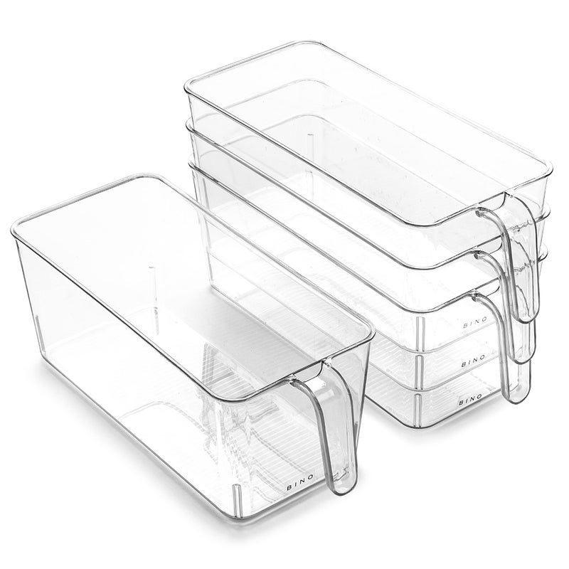 BINO l Plastic Storage Bins l THE HOLDER COLLECTION l 4-Pack, Medium Multi-Use Clear Containers for Organizing with Built-in Handles l Pantry Organization & Storage l Kitchen Organizer l Storage Bins - Image 1